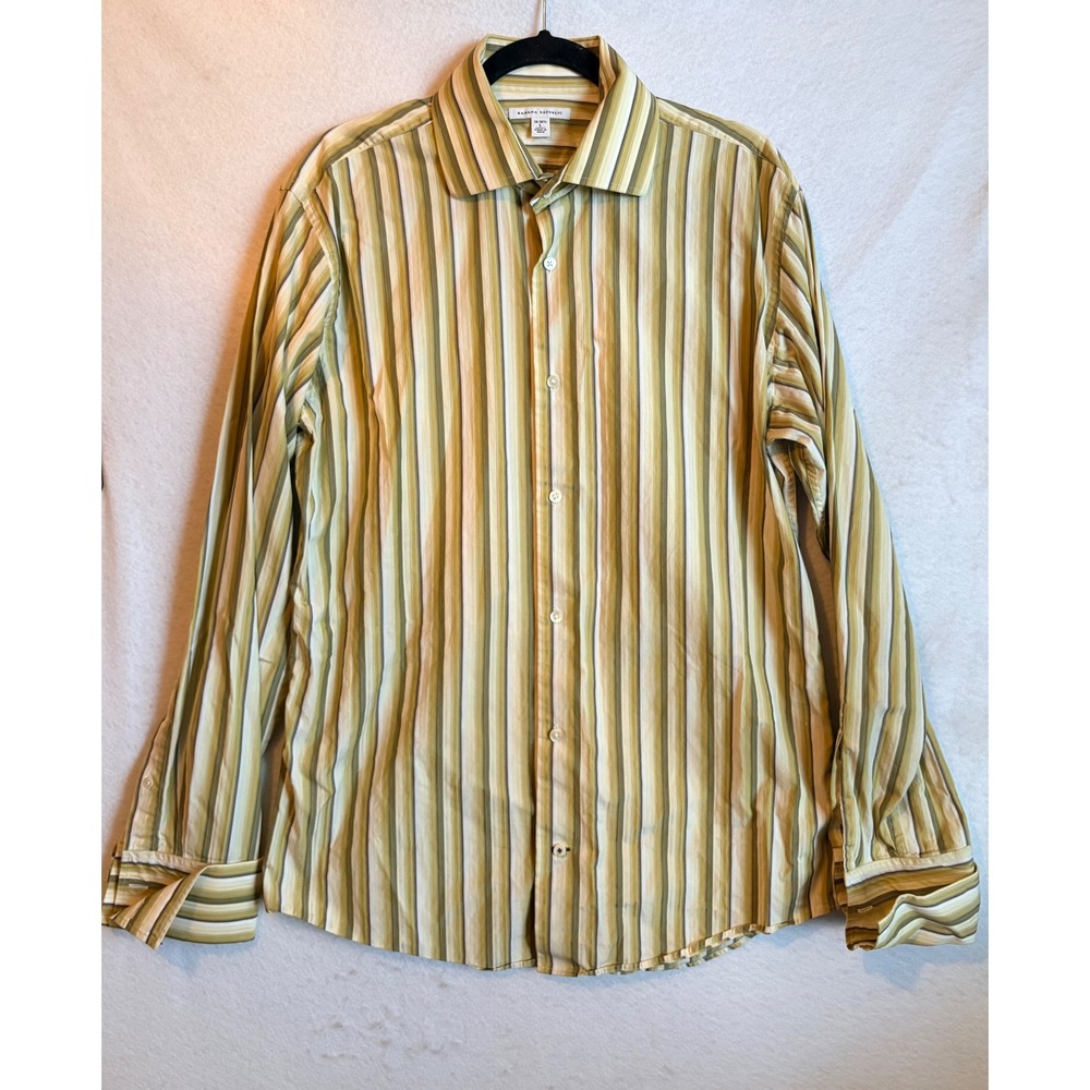 Banana Republic Mens Large Green Tan Striped Cotton Long Sleeve Button Up Shirt